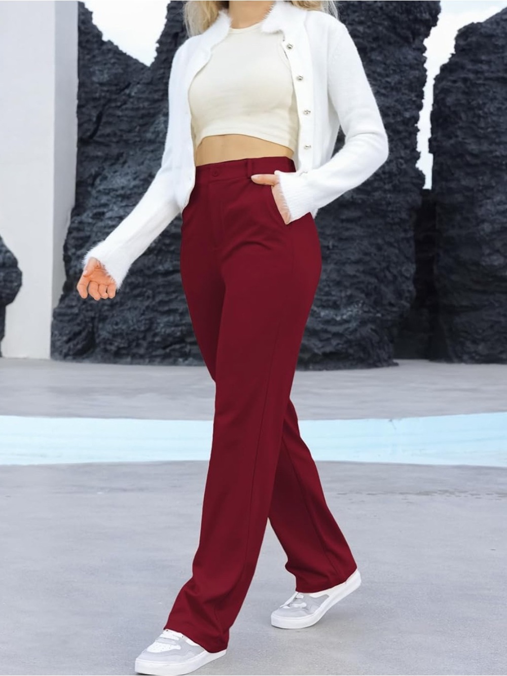 High-Waist Straight-Leg Pants in Deep Burgundy